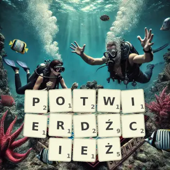 Kreatywna ilustracja do gry w Scrabble ze słowem POTWIERDŹCIEŻ ułożonym z płytek na planszy.