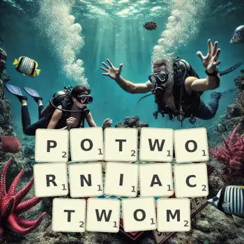 Kreatywna ilustracja do gry w Scrabble ze słowem POTWORNIACTWOM ułożonym z płytek na planszy.
