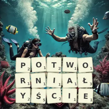 Kreatywna ilustracja do gry w Scrabble ze słowem POTWORNIAŁYŚCIE ułożonym z płytek na planszy.