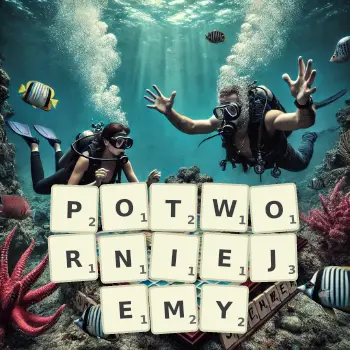 Kreatywna ilustracja do gry w Scrabble ze słowem POTWORNIEJEMY ułożonym z płytek na planszy.