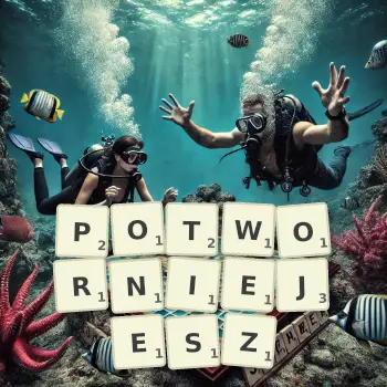 Kreatywna ilustracja do gry w Scrabble ze słowem POTWORNIEJESZ ułożonym z płytek na planszy.