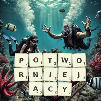 Kreatywna ilustracja do gry w Scrabble ze słowem POTWORNIEJĄCY ułożonym z płytek na planszy.