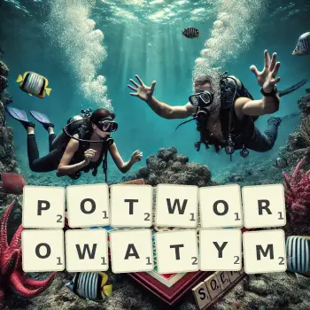 Kreatywna ilustracja do gry w Scrabble ze słowem POTWOROWATYM ułożonym z płytek na planszy.