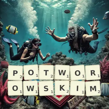 Kreatywna ilustracja do gry w Scrabble ze słowem POTWOROWSKIM ułożonym z płytek na planszy.