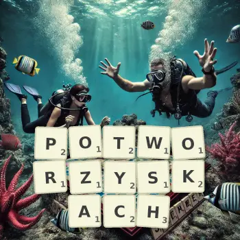 Kreatywna ilustracja do gry w Scrabble ze słowem POTWORZYSKACH ułożonym z płytek na planszy.
