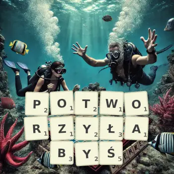 Kreatywna ilustracja do gry w Scrabble ze słowem POTWORZYŁABYŚ ułożonym z płytek na planszy.
