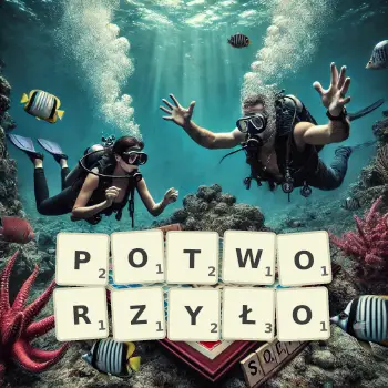 Kreatywna ilustracja do gry w Scrabble ze słowem POTWORZYŁO ułożonym z płytek na planszy.