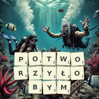 Kreatywna ilustracja do gry w Scrabble ze słowem POTWORZYŁOBYM ułożonym z płytek na planszy.