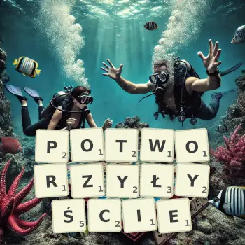 Kreatywna ilustracja do gry w Scrabble ze słowem POTWORZYŁYŚCIE ułożonym z płytek na planszy.
