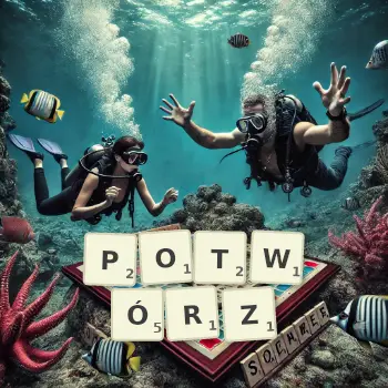 Kreatywna ilustracja do gry w Scrabble ze słowem POTWÓRZ ułożonym z płytek na planszy.
