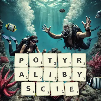 Kreatywna ilustracja do gry w Scrabble ze słowem POTYRALIBYSCIE ułożonym z płytek na planszy.
