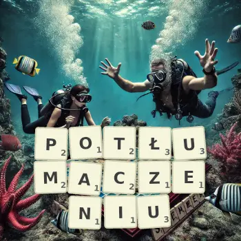 Kreatywna ilustracja do gry w Scrabble ze słowem POTŁUMACZENIU ułożonym z płytek na planszy.