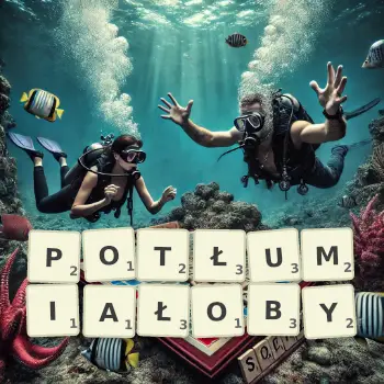 Kreatywna ilustracja do gry w Scrabble ze słowem POTŁUMIAŁOBY ułożonym z płytek na planszy.