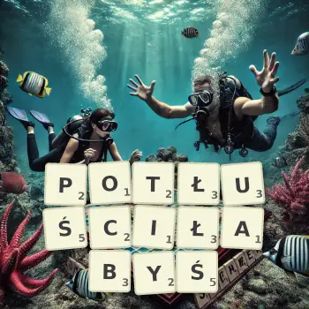 Kreatywna ilustracja do gry w Scrabble ze słowem POTŁUŚCIŁABYŚ ułożonym z płytek na planszy.