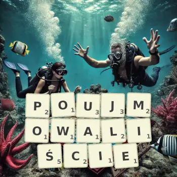Kreatywna ilustracja do gry w Scrabble ze słowem POUJMOWALIŚCIE ułożonym z płytek na planszy.