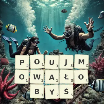 Kreatywna ilustracja do gry w Scrabble ze słowem POUJMOWAŁOBYŚ ułożonym z płytek na planszy.