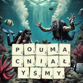 Kreatywna ilustracja do gry w Scrabble ze słowem POUMACNIAŁYŚMY ułożonym z płytek na planszy.