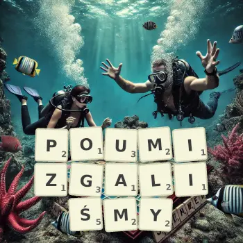 Kreatywna ilustracja do gry w Scrabble ze słowem POUMIZGALIŚMY ułożonym z płytek na planszy.