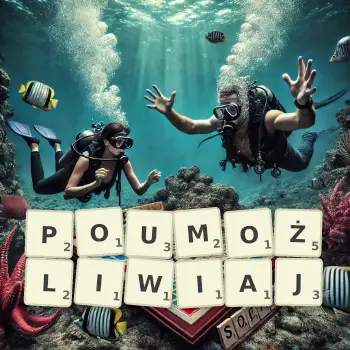 Kreatywna ilustracja do gry w Scrabble ze słowem POUMOŻLIWIAJ ułożonym z płytek na planszy.