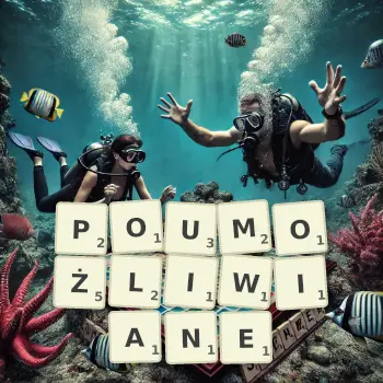 Kreatywna ilustracja do gry w Scrabble ze słowem POUMOŻLIWIANE ułożonym z płytek na planszy.