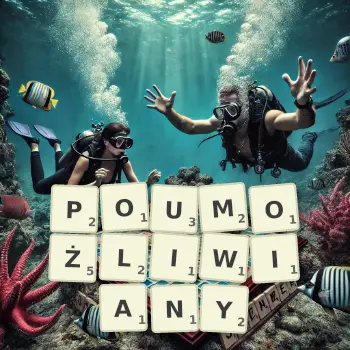 Kreatywna ilustracja do gry w Scrabble ze słowem POUMOŻLIWIANY ułożonym z płytek na planszy.