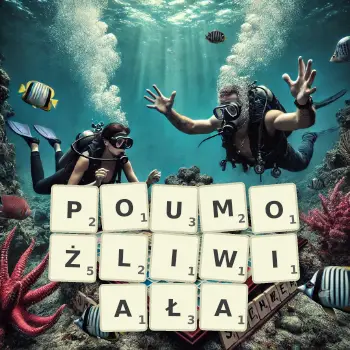 Kreatywna ilustracja do gry w Scrabble ze słowem POUMOŻLIWIAŁA ułożonym z płytek na planszy.