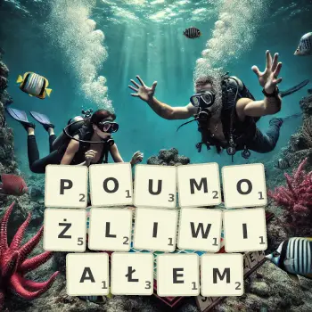 Kreatywna ilustracja do gry w Scrabble ze słowem POUMOŻLIWIAŁEM ułożonym z płytek na planszy.
