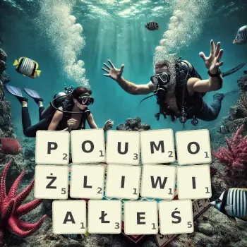 Kreatywna ilustracja do gry w Scrabble ze słowem POUMOŻLIWIAŁEŚ ułożonym z płytek na planszy.
