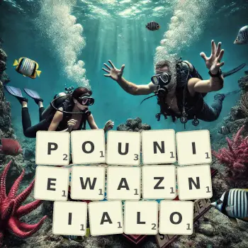 Kreatywna ilustracja do gry w Scrabble ze słowem POUNIEWAZNIALO ułożonym z płytek na planszy.
