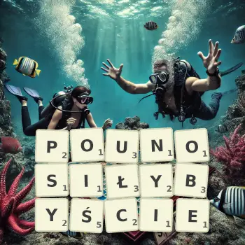 Kreatywna ilustracja do gry w Scrabble ze słowem POUNOSIŁYBYŚCIE ułożonym z płytek na planszy.