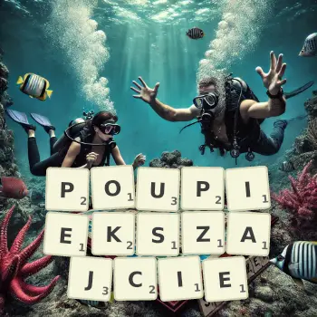 Kreatywna ilustracja do gry w Scrabble ze słowem POUPIEKSZAJCIE ułożonym z płytek na planszy.