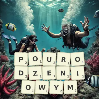 Kreatywna ilustracja do gry w Scrabble ze słowem POURODZENIOWYM ułożonym z płytek na planszy.