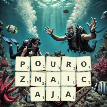 Kreatywna ilustracja do gry w Scrabble ze słowem POUROZMAICAJA ułożonym z płytek na planszy.
