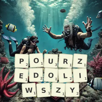 Kreatywna ilustracja do gry w Scrabble ze słowem POURZEDOLIWSZY ułożonym z płytek na planszy.