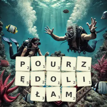 Kreatywna ilustracja do gry w Scrabble ze słowem POURZĘDOLIŁAM ułożonym z płytek na planszy.