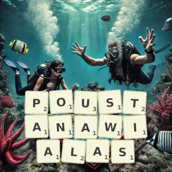 Kreatywna ilustracja do gry w Scrabble ze słowem POUSTANAWIALAS ułożonym z płytek na planszy.