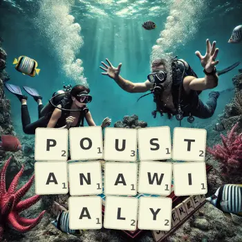 Kreatywna ilustracja do gry w Scrabble ze słowem POUSTANAWIALY ułożonym z płytek na planszy.