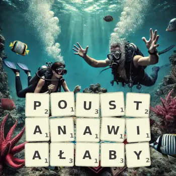 Kreatywna ilustracja do gry w Scrabble ze słowem POUSTANAWIAŁABY ułożonym z płytek na planszy.