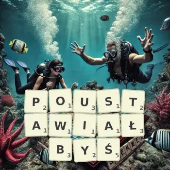 Kreatywna ilustracja do gry w Scrabble ze słowem POUSTAWIAŁBYŚ ułożonym z płytek na planszy.