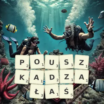 Kreatywna ilustracja do gry w Scrabble ze słowem POUSZKADZAŁAŚ ułożonym z płytek na planszy.