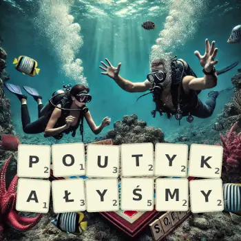 Kreatywna ilustracja do gry w Scrabble ze słowem POUTYKAŁYŚMY ułożonym z płytek na planszy.