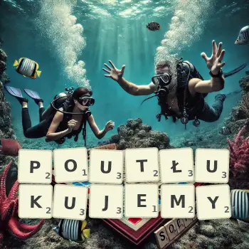 Kreatywna ilustracja do gry w Scrabble ze słowem POUTŁUKUJEMY ułożonym z płytek na planszy.