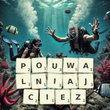 Kreatywna ilustracja do gry w Scrabble ze słowem POUWALNIAJCIEZ ułożonym z płytek na planszy.