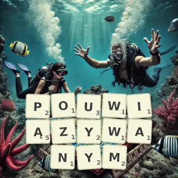 Kreatywna ilustracja do gry w Scrabble ze słowem POUWIĄZYWANYM ułożonym z płytek na planszy.