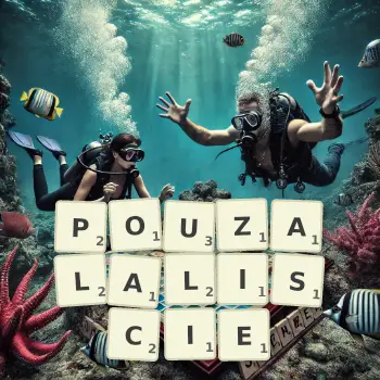 Kreatywna ilustracja do gry w Scrabble ze słowem POUZALALISCIE ułożonym z płytek na planszy.