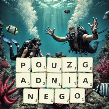 Kreatywna ilustracja do gry w Scrabble ze słowem POUZGADNIANEGO ułożonym z płytek na planszy.