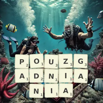Kreatywna ilustracja do gry w Scrabble ze słowem POUZGADNIANIA ułożonym z płytek na planszy.