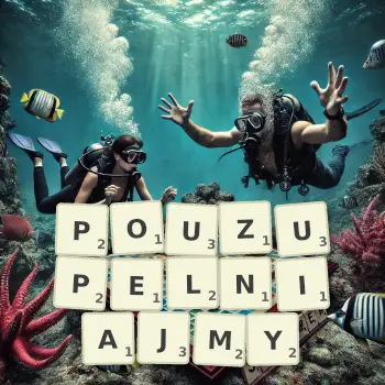 Kreatywna ilustracja do gry w Scrabble ze słowem POUZUPELNIAJMY ułożonym z płytek na planszy.