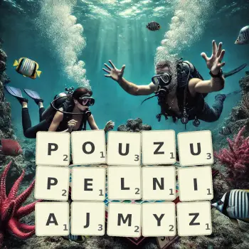 Kreatywna ilustracja do gry w Scrabble ze słowem POUZUPELNIAJMYZ ułożonym z płytek na planszy.