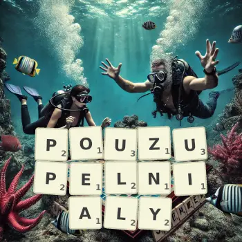 Kreatywna ilustracja do gry w Scrabble ze słowem POUZUPELNIALY ułożonym z płytek na planszy.